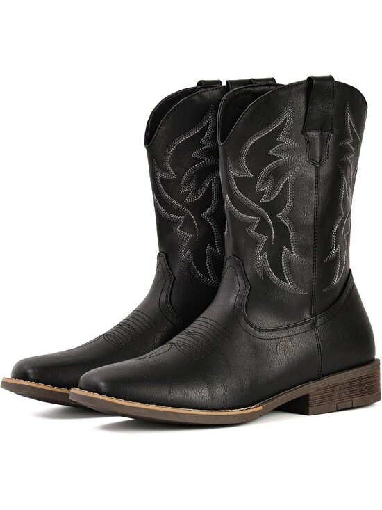 Men\'s Black Faux Leather Wide Square Toe Slip-Resistant Western Cowboy Boots main image 5